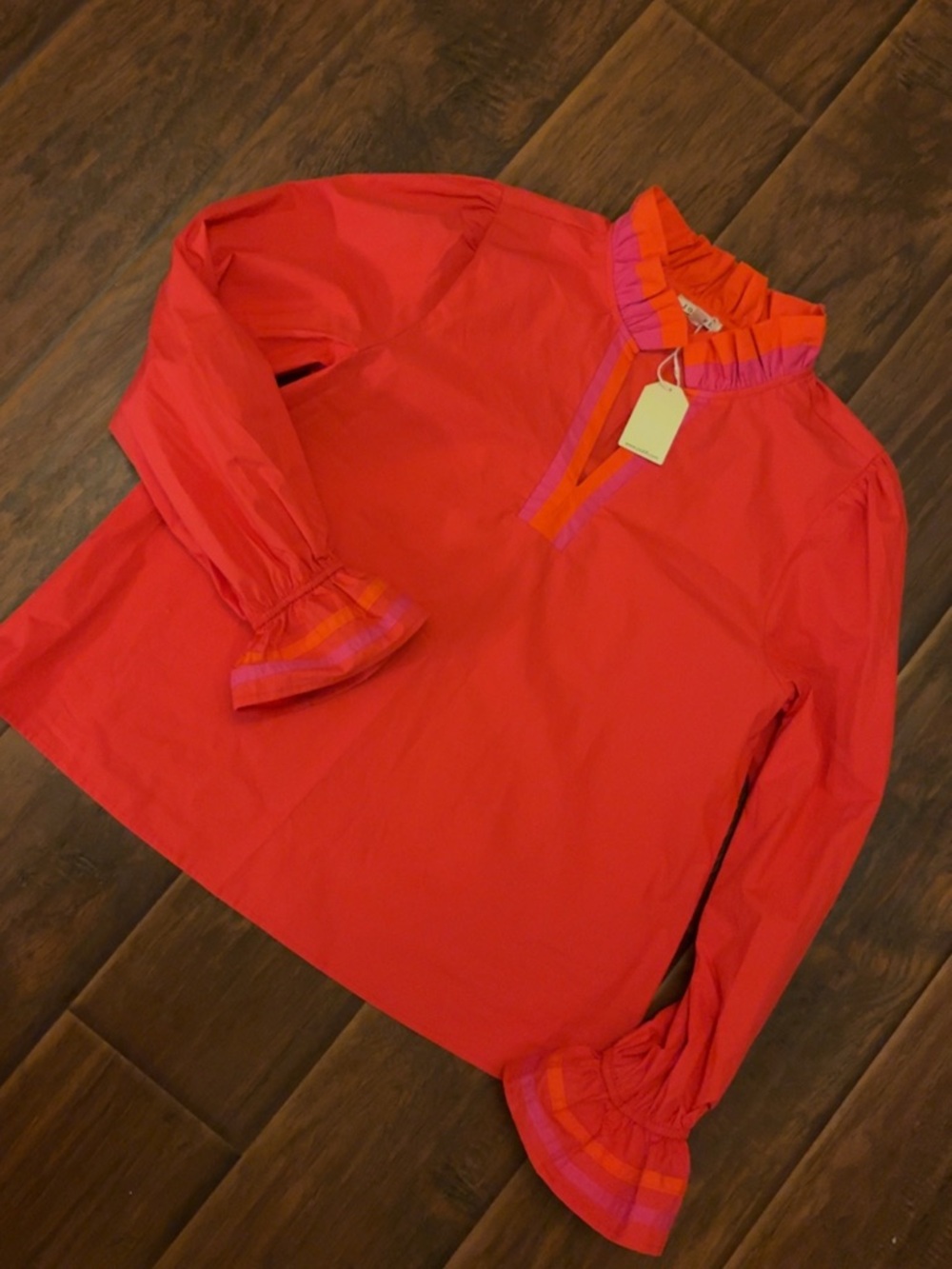 JODIFL Red Long-Sleeve Ruffle Neck Top with Pink & Orange Trim